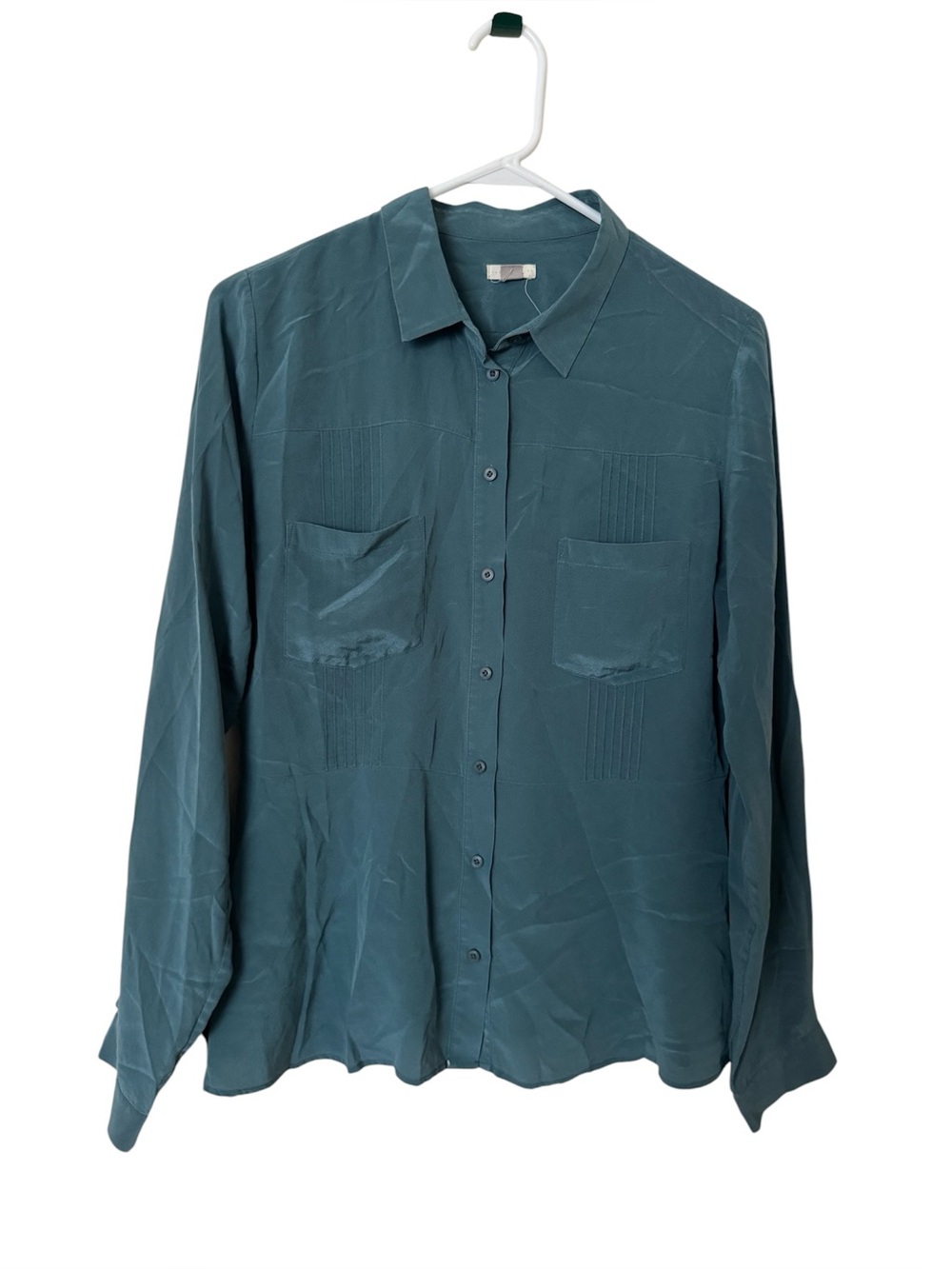 Fossil Teal 100% Silk Button Down Blouse Pleated Pocket Detail Top Size M